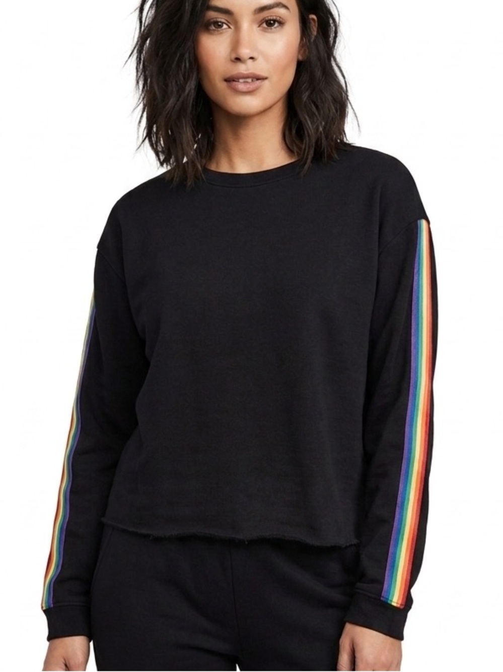 SADIE & SAGE Black Crop Pullover Long Sleeve Rainbow Prism Arm Stripes Small
